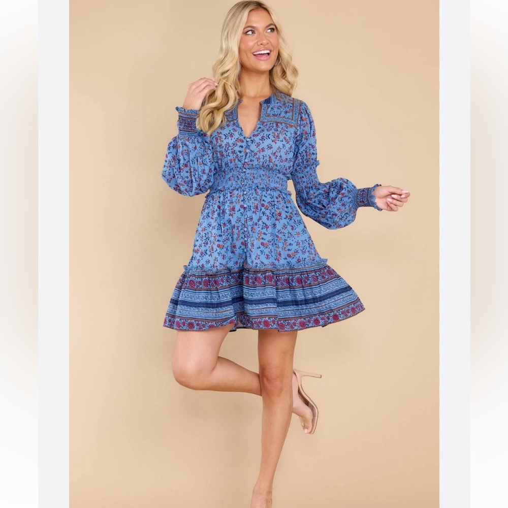 Cleobella Blue Long-Sleeve V-Neck Mini Dress - never worn!